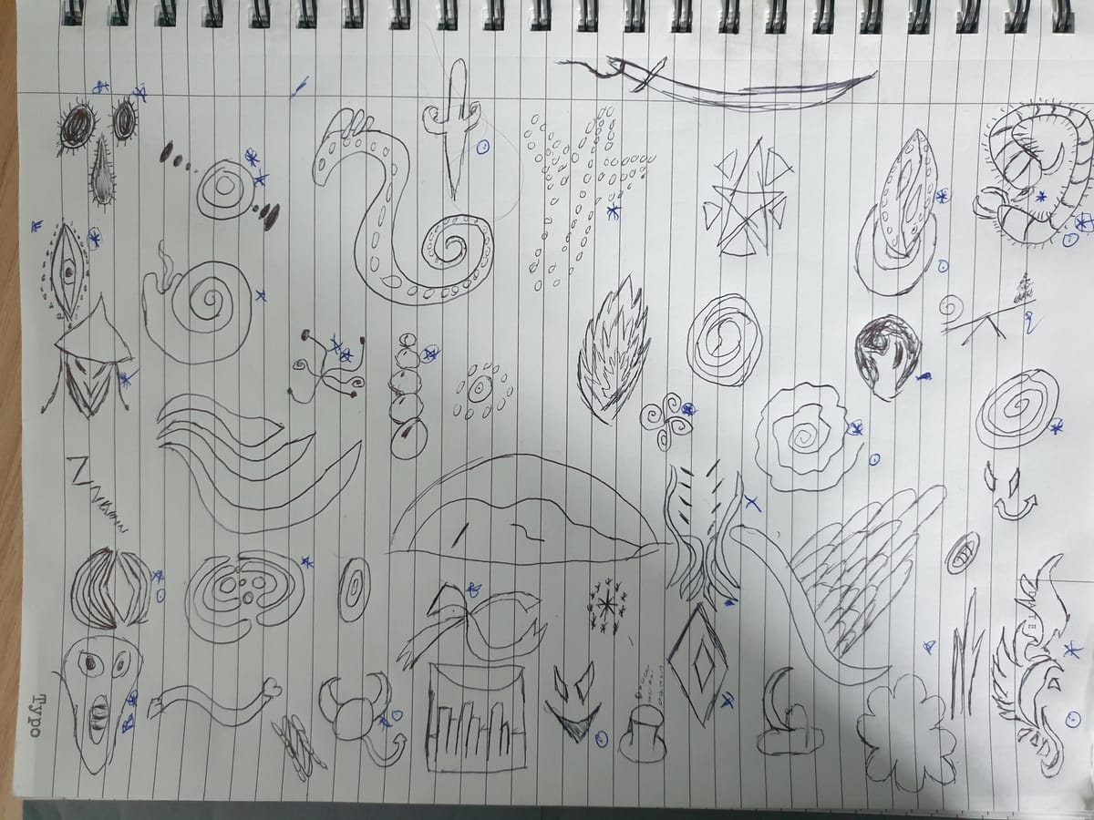 Sketchbook page of concept art for the icons