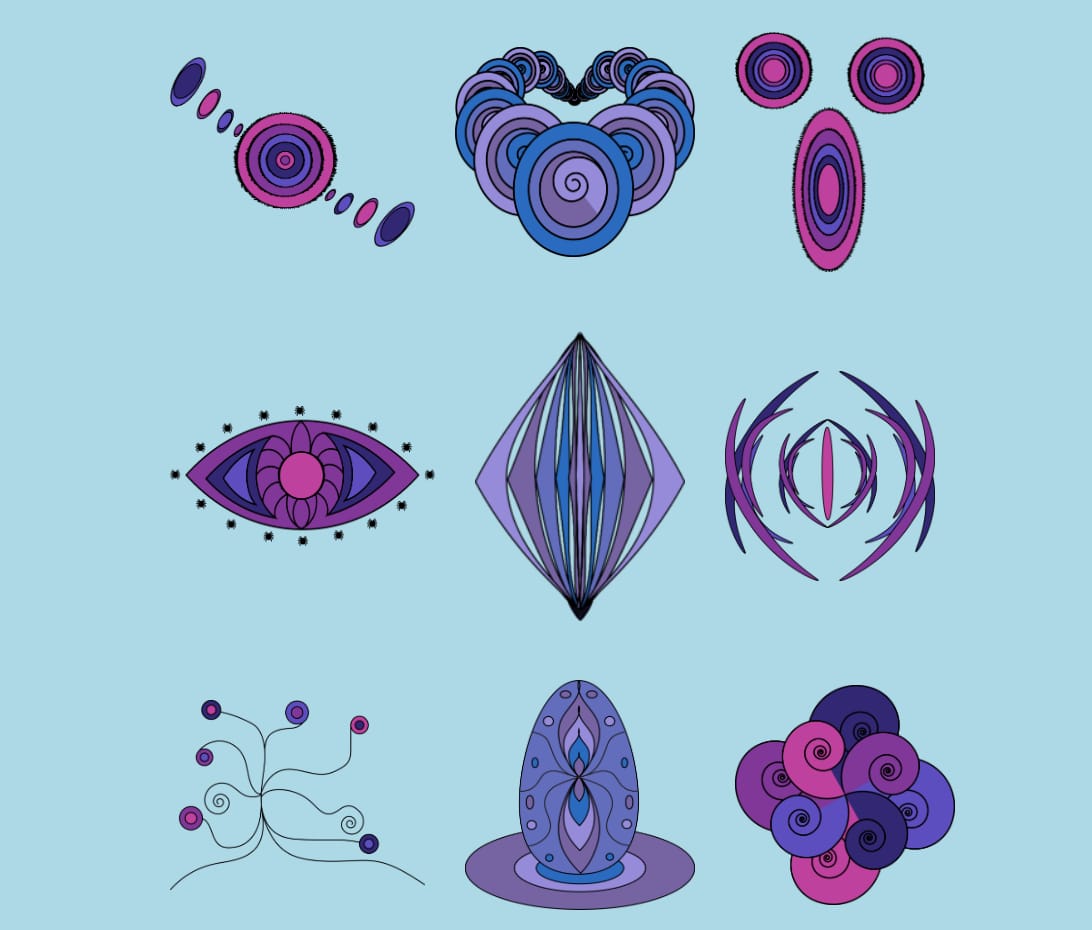 The final icon set, a family of spirals, eyes and organic forms in violet, magenta and blue