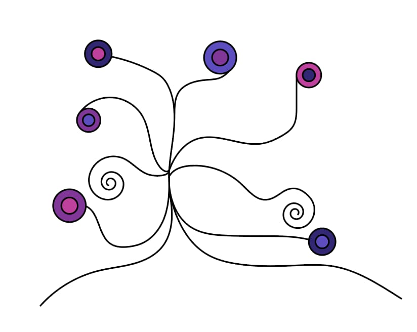A single finished icon, branching lines ending in spirals