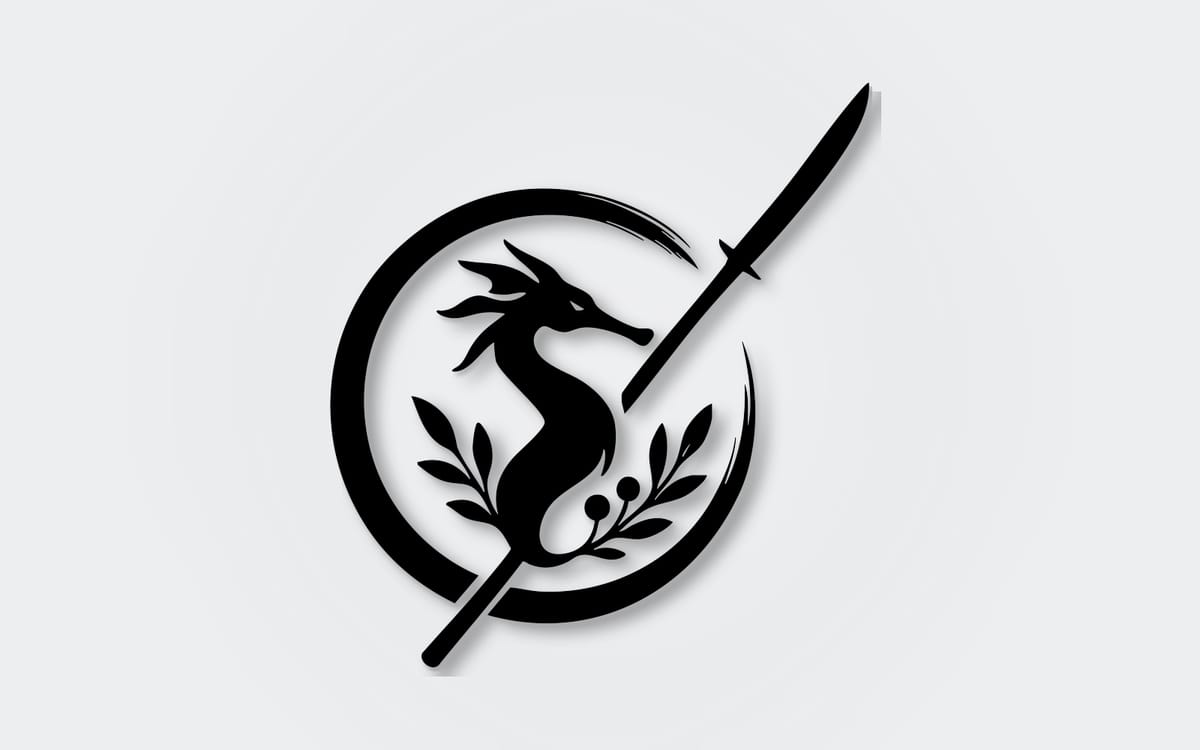 The final Victorian Naginata Federation mark, a stylised creature inside a brushed circle, crossed by a naginata, with a laurel sprig